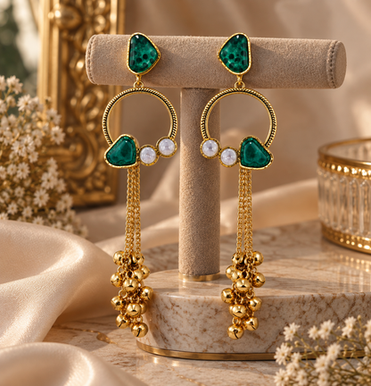 Premium Gold-Toned Emerald Green Stone Hoop Chain Earrings