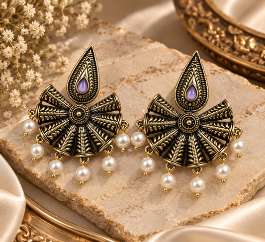 Premium Antique Gold-Toned Lavender Peacock Fan Statement Earrings