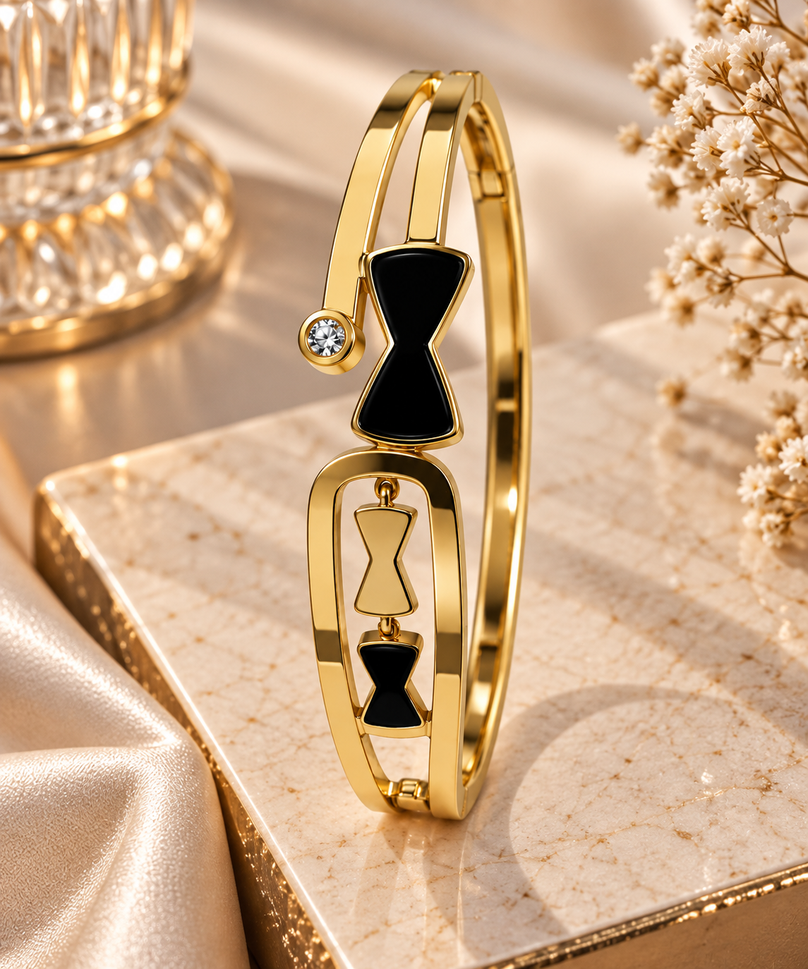 Premium Gold-Toned Black Bow Statement Cuff Bracelet
