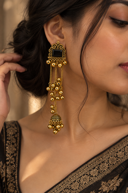 Premium Antique Gold-Toned Black Stone Long Chain Jhumka Earrings