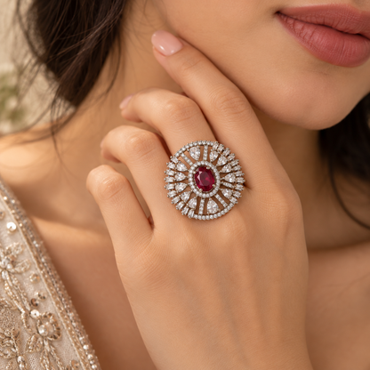 Silver-Toned Statement Cocktail Ring with Ruby-Cut Centre Stone
