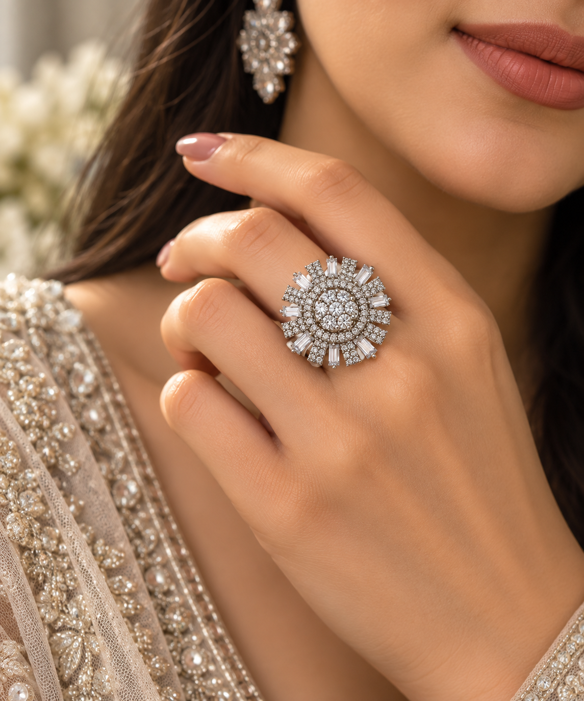 Silver-Toned Crystal Sunburst Statement Ring