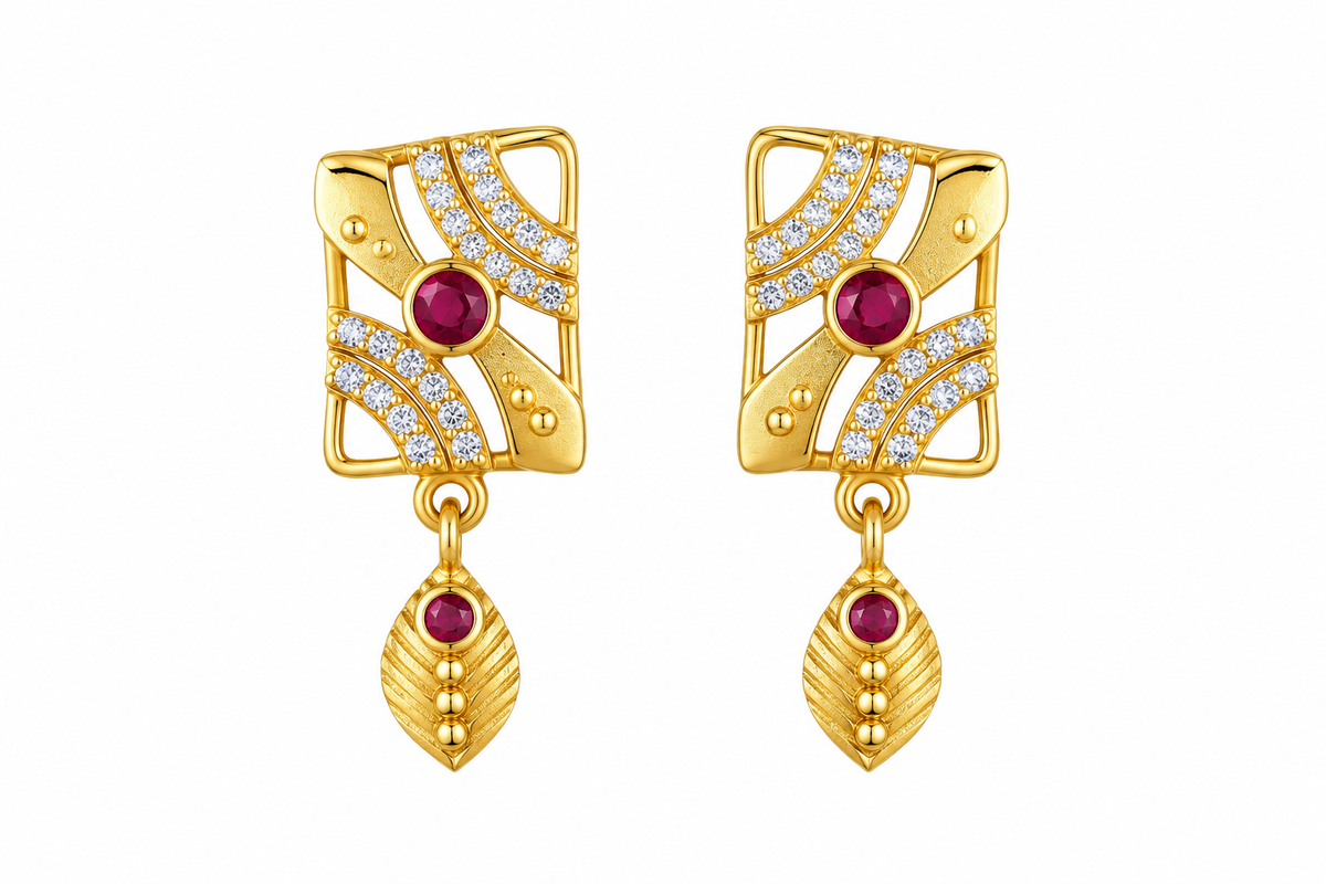 Premium Gold-Toned Geometric Drop Earrings with Ruby Accents
