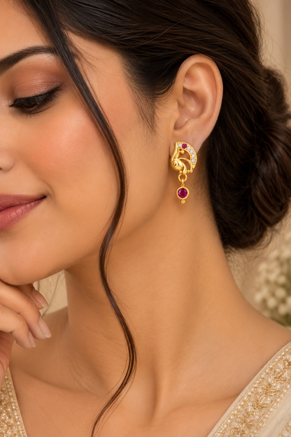 Premium Gold-Toned Peacock Drop Earrings with Ruby Accents