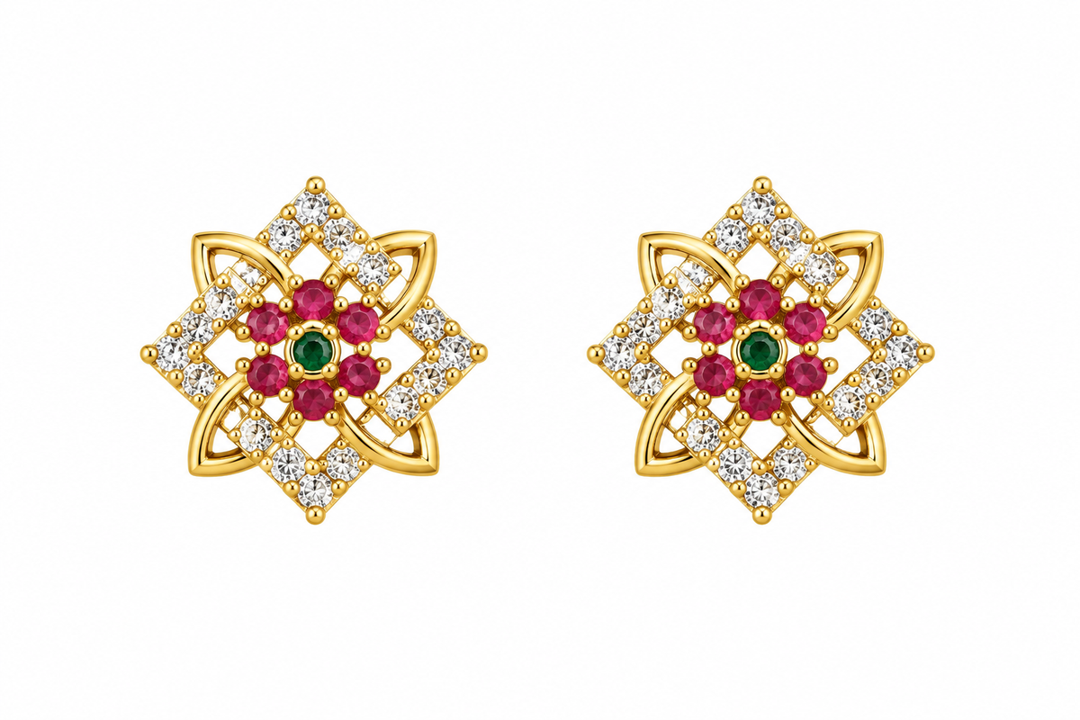 Premium Gold-Toned Floral Geometric Stud Earrings with Ruby & Emerald Accents