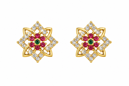 Premium Gold-Toned Floral Geometric Stud Earrings with Ruby & Emerald Accents