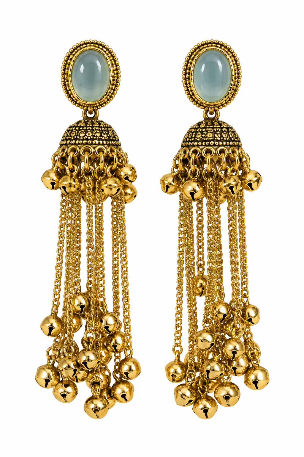Premium Gold-Toned Mint Green Stone Long Chain Jhumka Earrings