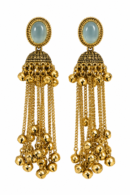 Premium Gold-Toned Mint Green Stone Long Chain Jhumka Earrings