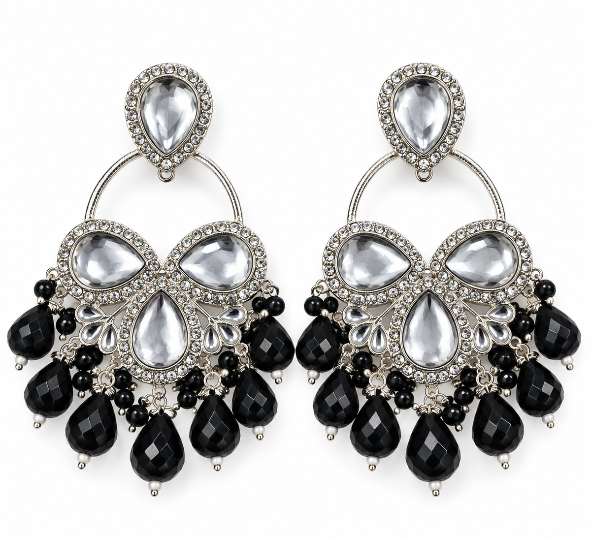 Premium Silver-Toned Black Beaded Crystal Chandelier Earrings