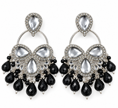 Premium Silver-Toned Black Beaded Crystal Chandelier Earrings