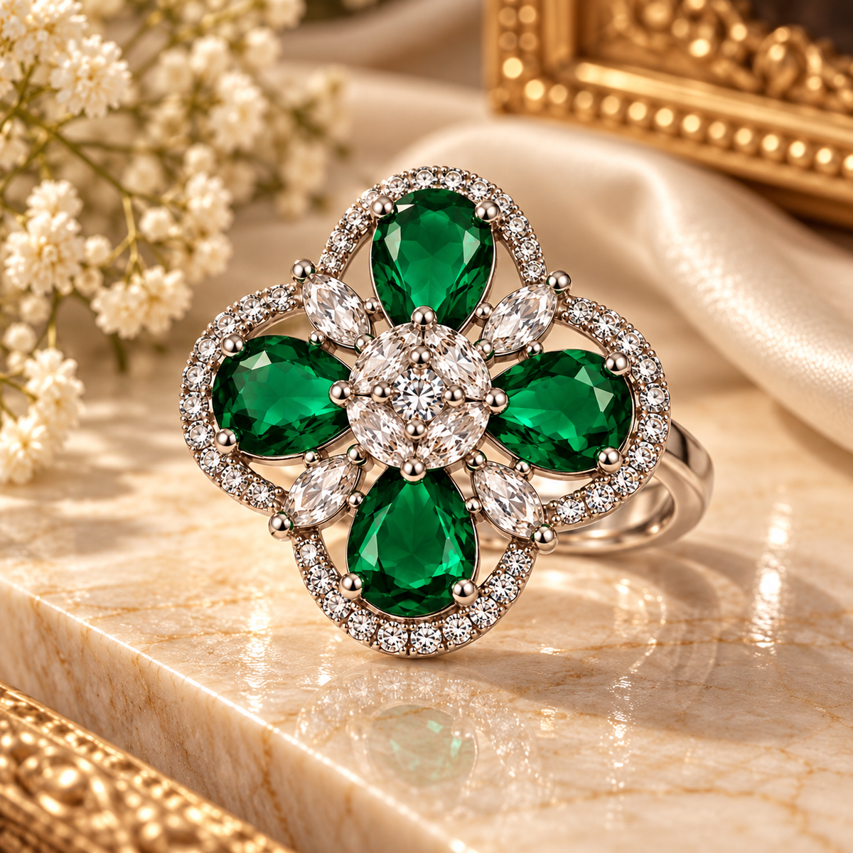 Silver-Toned Green Floral Statement Ring
