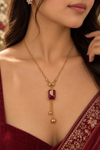 Gold-Toned Deep Red Stone Pendant Necklace