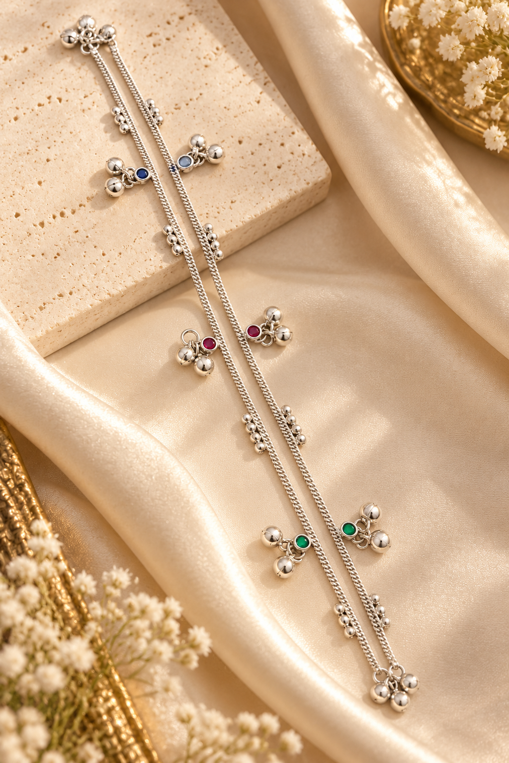 Elegant Silver-Toned Double-Strand Payal with Colorful Charms
