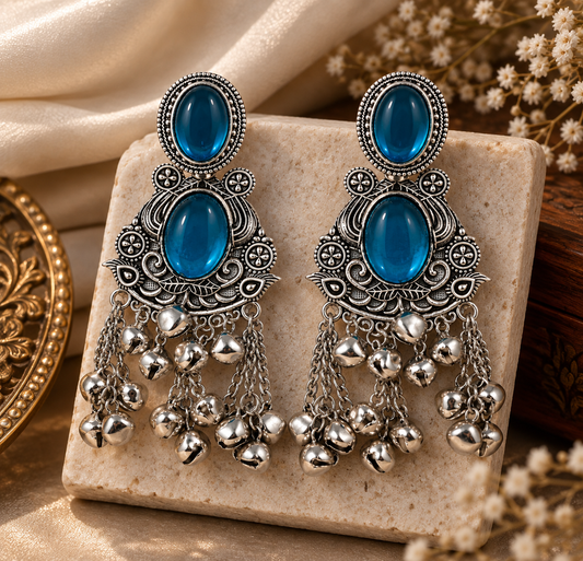 Premium Oxidized Silver-Toned Blue Stone Chandelier Jhumka Earrings