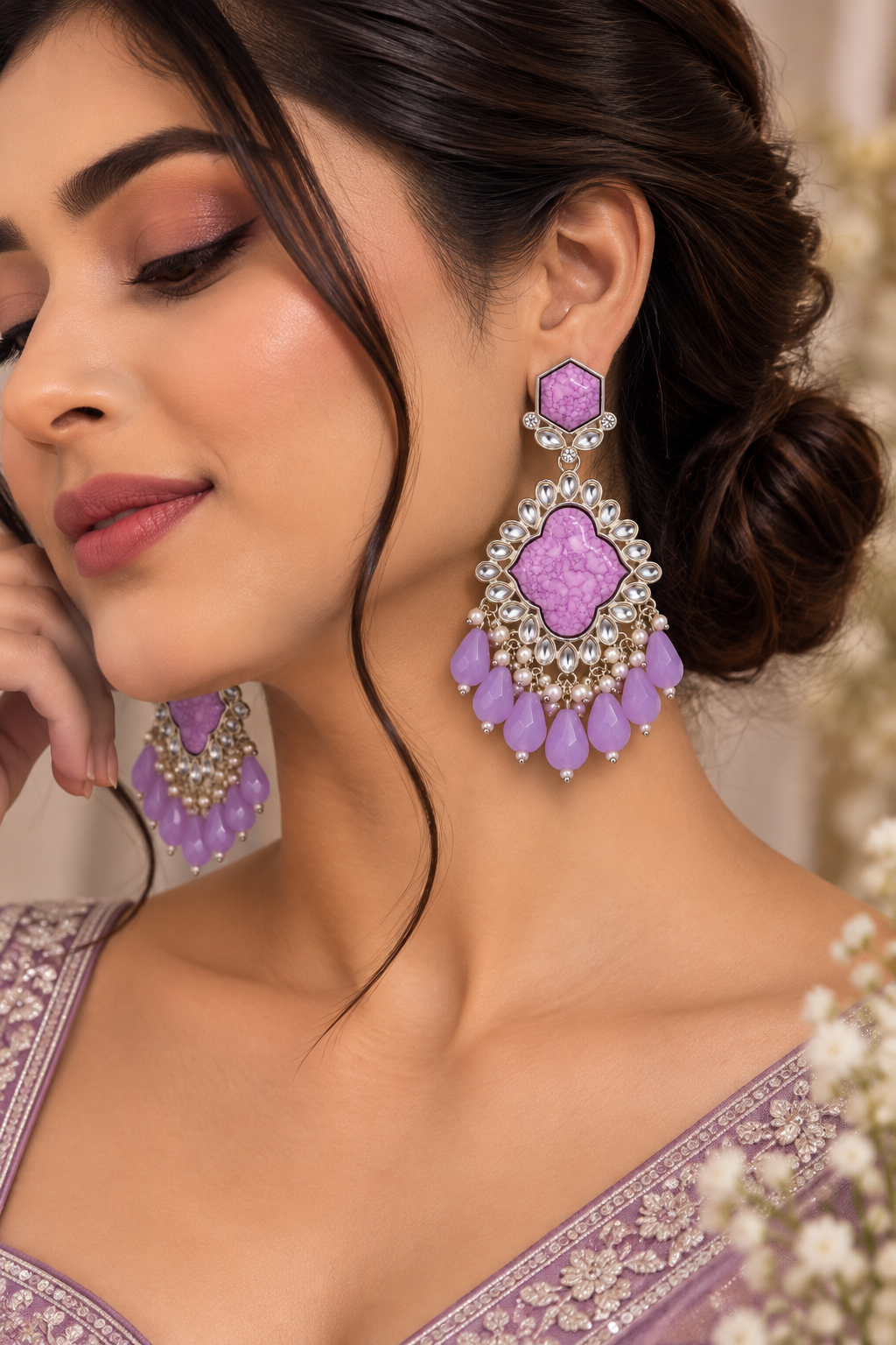 Premium Lavender Marbled Stone & Pearl Chandelier Earrings