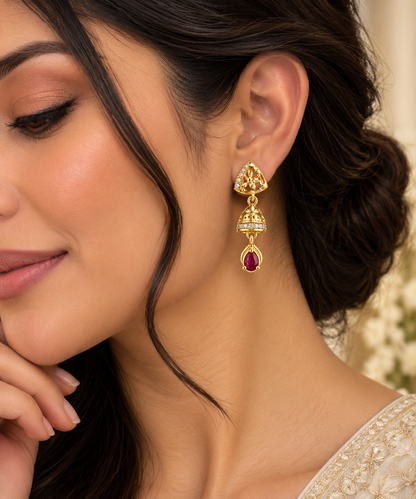 Gold-Toned Ruby Drop Earrings