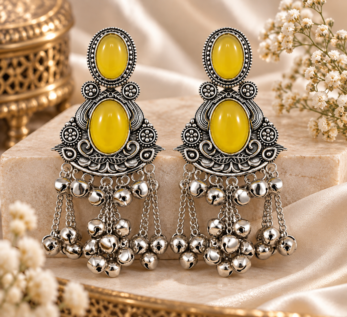 Premium Oxidized Silver-Toned Yellow Stone Jhumka Earrings