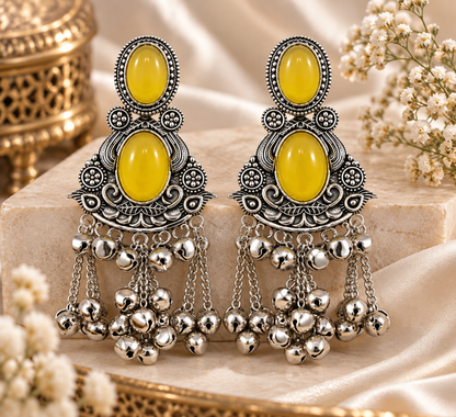Premium Oxidized Silver-Toned Yellow Stone Jhumka Earrings
