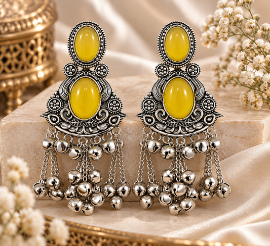 Premium Oxidized Silver-Toned Yellow Stone Jhumka Earrings