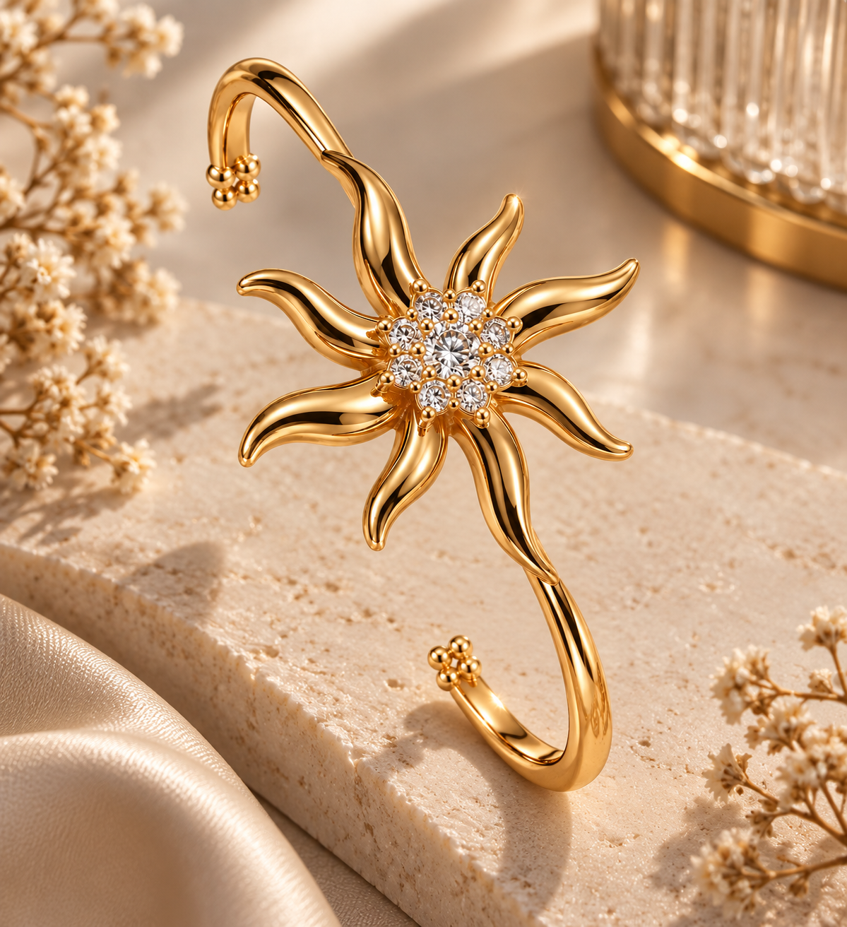 Premium Gold-Toned Starburst Crystal Cuff Bracelet