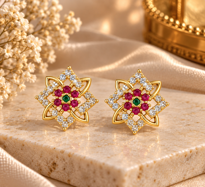 Premium Gold-Toned Floral Geometric Stud Earrings with Ruby & Emerald Accents