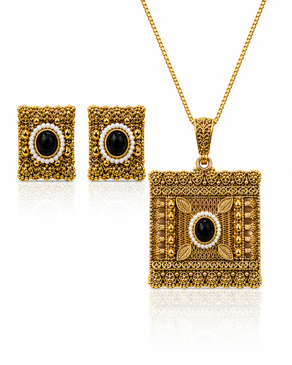 Antique Gold Black Stone Square Pendant & Stud Set
