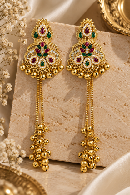 Premium Gold-Toned Multicolour Stone Long Chain Jhumka Earrings