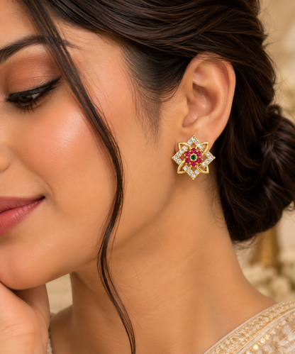 Premium Gold-Toned Floral Geometric Stud Earrings with Ruby & Emerald Accents