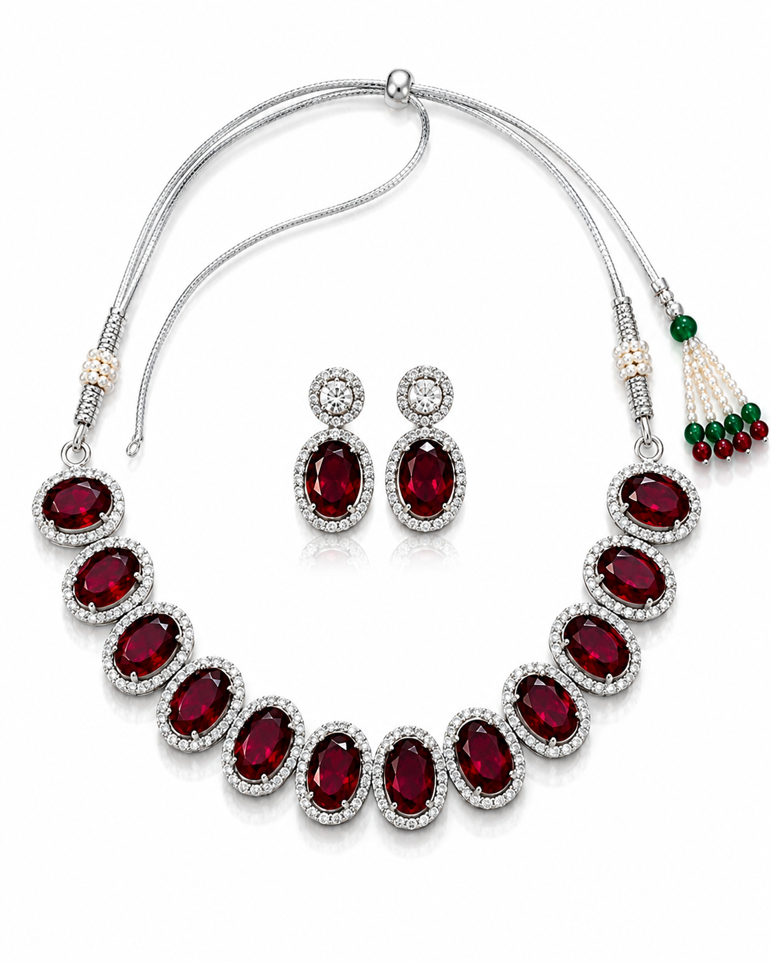 Elegant Silver-Toned Deep Red Stone Necklace & Earring Set