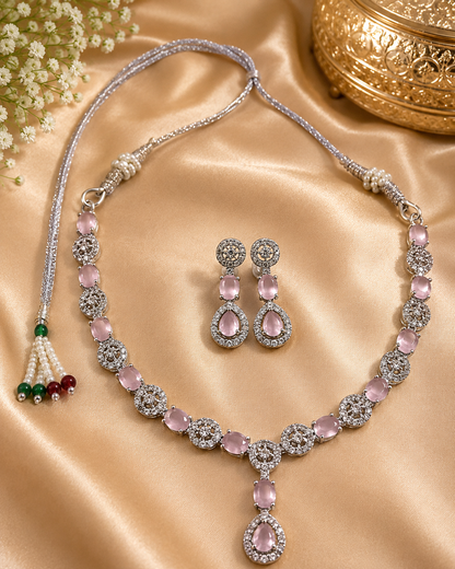 Silver-Toned Pink Stone Necklace & Earring Set