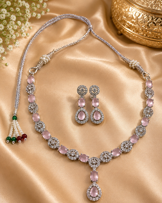 Silver-Toned Pink Stone Necklace & Earring Set