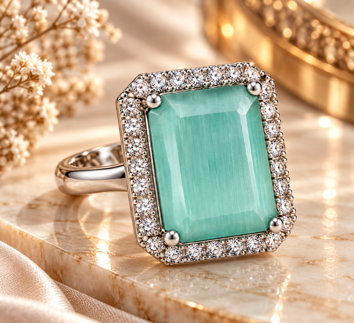 Premium Aqua Green Gemstone Statement Ring