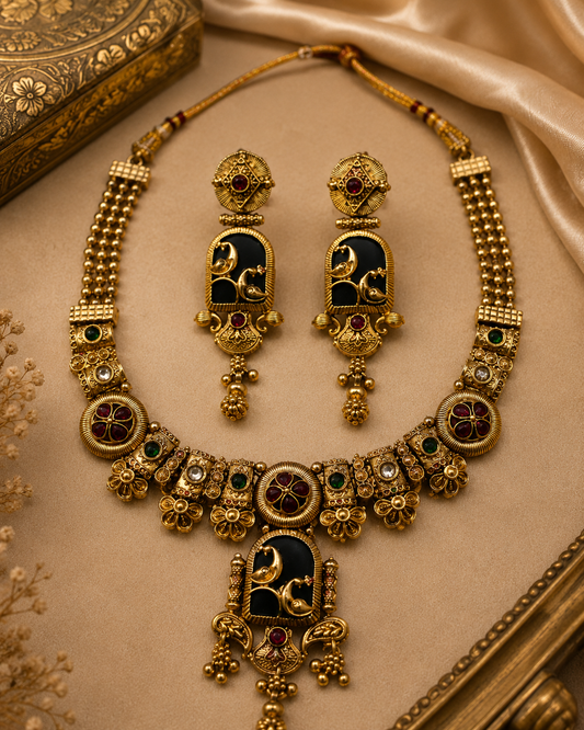 Royal Black & Gold Antique Necklace & Earring Set