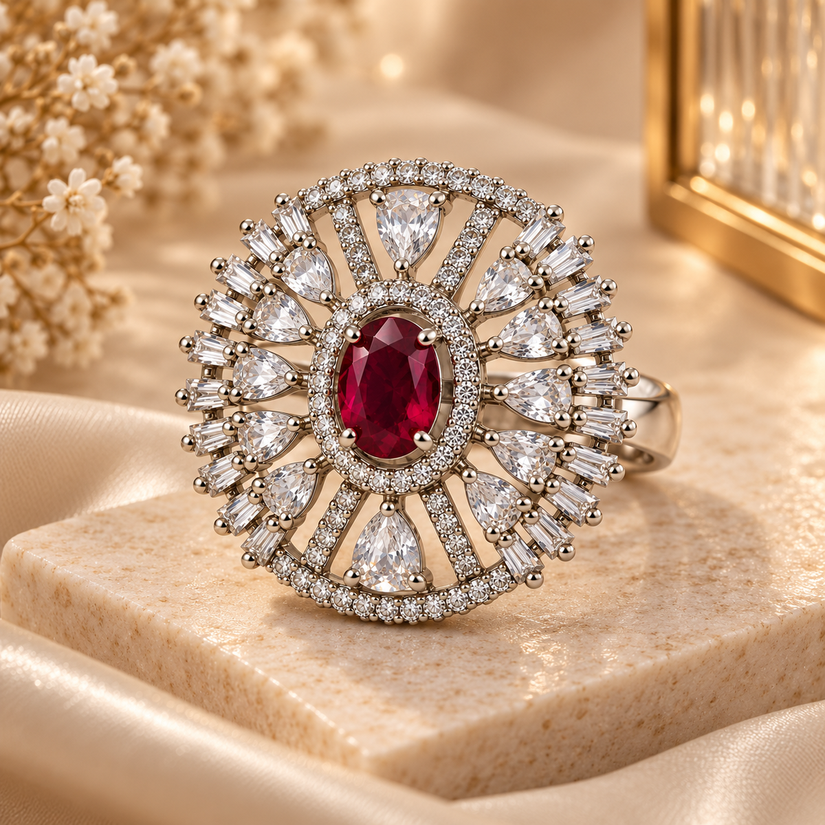 Silver-Toned Statement Cocktail Ring with Ruby-Cut Centre Stone