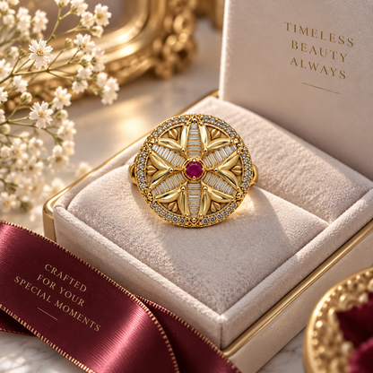Premium Gold-Toned Ruby Floral Statement Ring