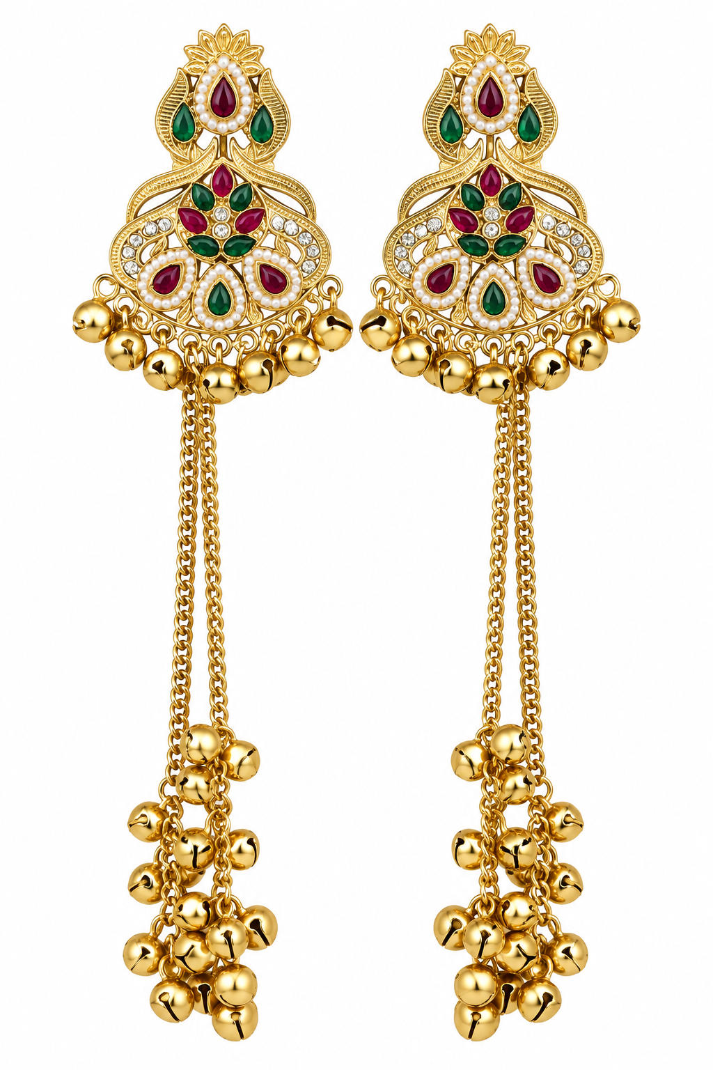 Premium Gold-Toned Multicolour Stone Long Chain Jhumka Earrings