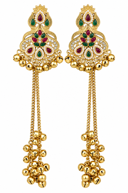 Premium Gold-Toned Multicolour Stone Long Chain Jhumka Earrings