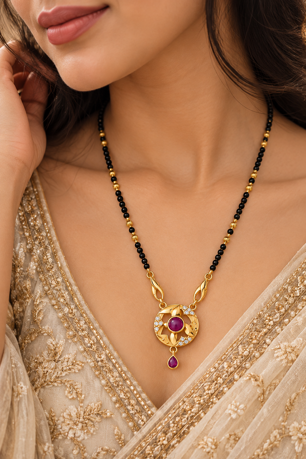 Elegant Black-Beaded Mangalsutra with Purple Stone Pendant