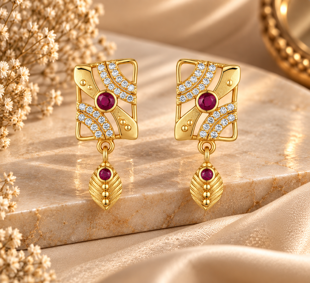 Premium Gold-Toned Geometric Drop Earrings with Ruby Accents