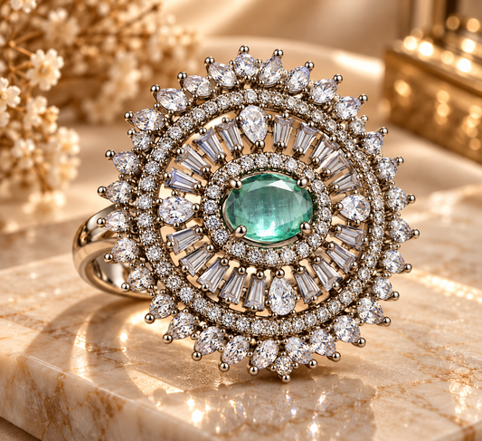 Premium Silver-Toned Aqua Stone Statement Ring