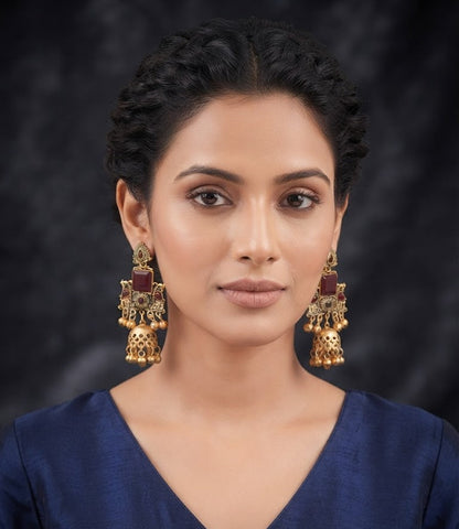 Premium Maroon Stone Antique Gold Jhumka Earrings