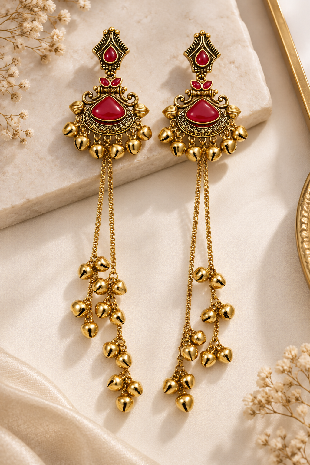 Premium Gold-Toned Red Stone Long Chain Jhumka Earrings