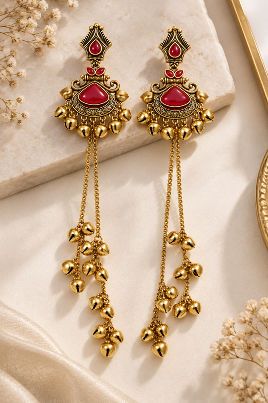 Premium Gold-Toned Red Stone Long Chain Jhumka Earrings