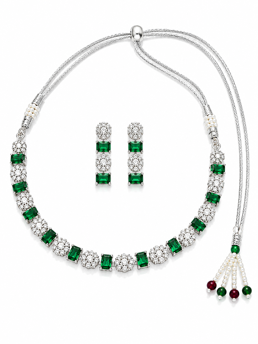 Silver-Toned Emerald Green Stone Necklace Set