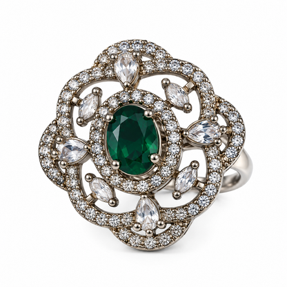 Silver-Toned Green Stone Floral Statement Ring