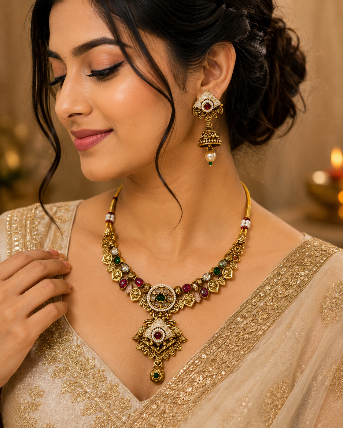 Heritage Floral Kundan Necklace & Jhumka Set