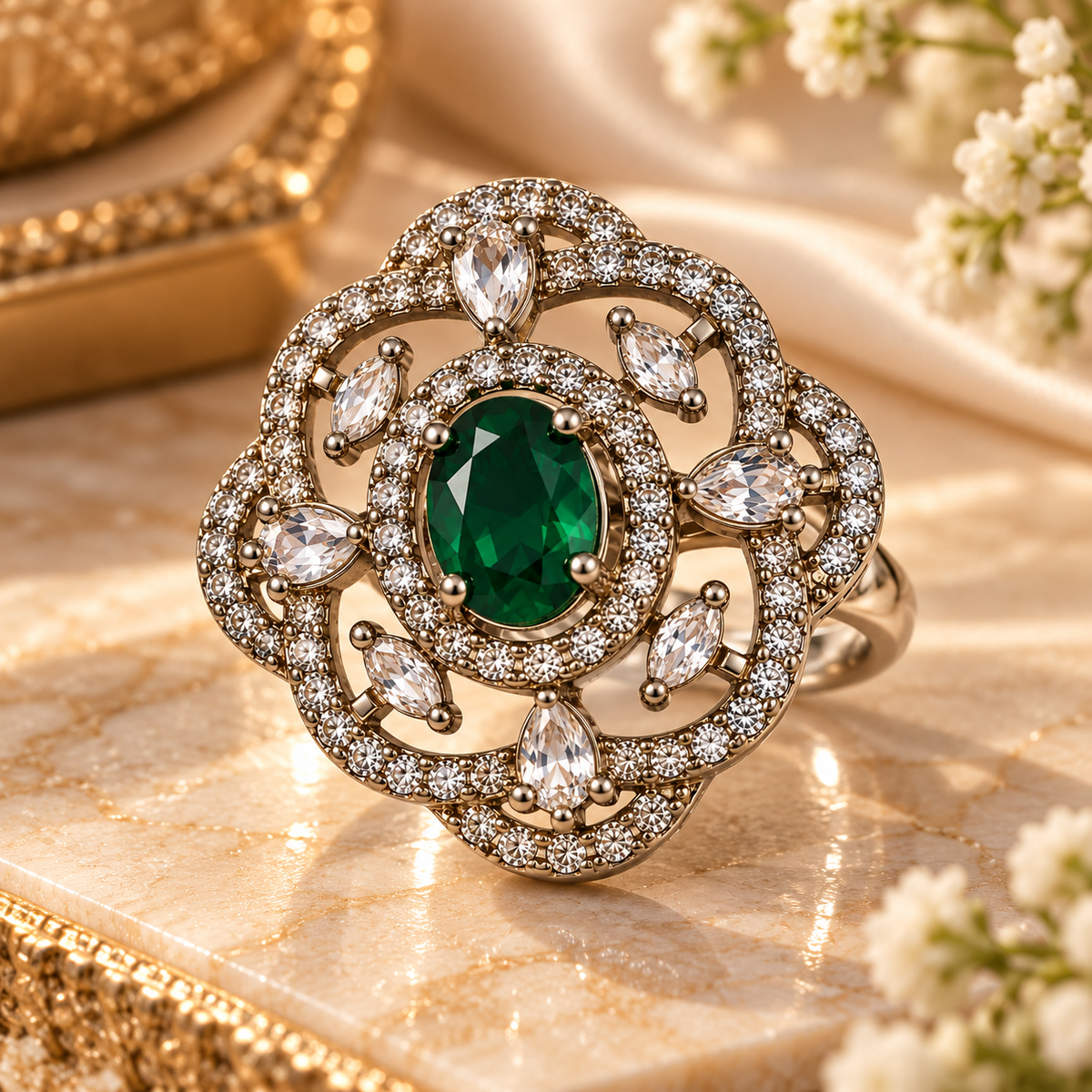 Silver-Toned Green Stone Floral Statement Ring