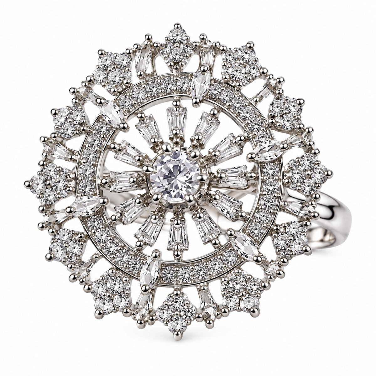 Silver-Toned Crystal Sunburst Statement Ring