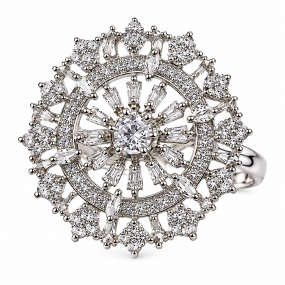 Silver-Toned Crystal Sunburst Statement Ring