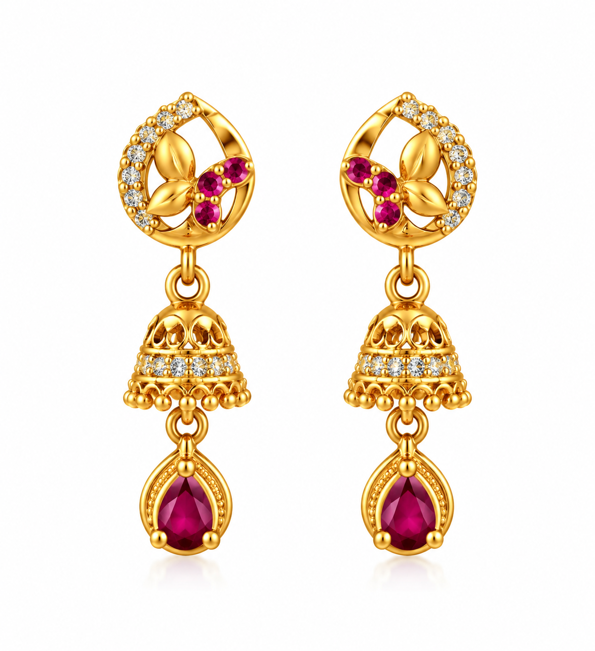 Premium Gold-Toned Jhumka Drop Earrings with Ruby Accents